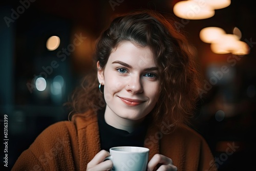 Smiling woman drinking coffee in cafe