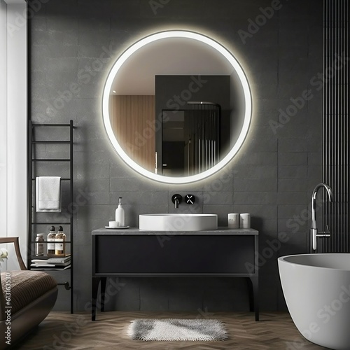 Illuminated Bathroom Mirror with LED Front and Back Lighting. Generative ai photo