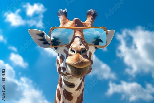 Stylish Giraffe with Sunglasses Against a Blue Sky and White Clouds  Generative Ai
