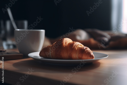 Food and drinks concept. Croissant and coffee in French minimalist style served during breakfast time. Natural light illumination. Generative AI