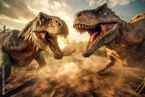 T-Rex and Raptor in an Action-Packed Fight. Generative ai © Scrudje