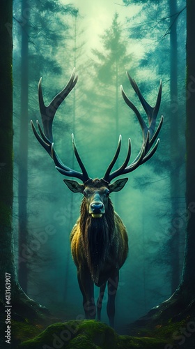 Irish Elk Standing Majestically in a Fantasy Forest. Generative ai © Scrudje
