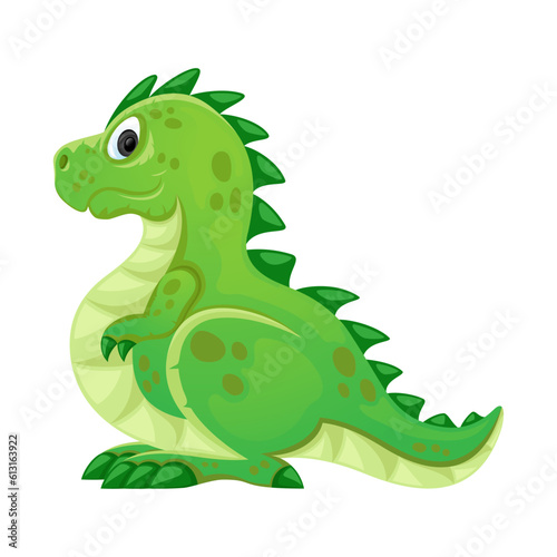 Cute green dinosaur standing on white background.