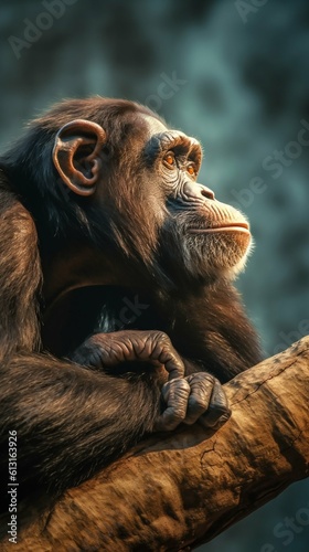 Chimpanzee Sitting Atop a Branch  Deep in Thought and Contemplation. Generative ai