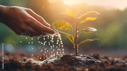 Close-up hands watering a young plant in the ground. AI generation photo