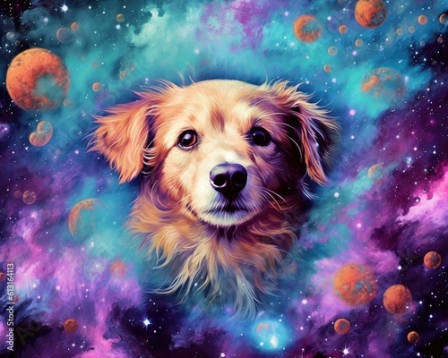 art dog in space . dreamlike background with dog . Hand Drawn Style illustration © PinkiePie