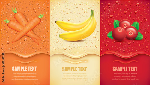 Drinks and juice background with drops and carrot, banana, cranberry	
