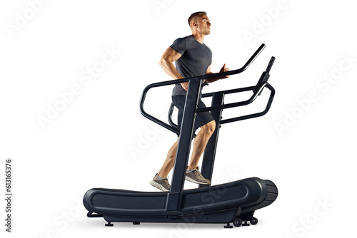 Photo Full length of a fitness sporty man running or walking on a treadmill PNG transparent photo