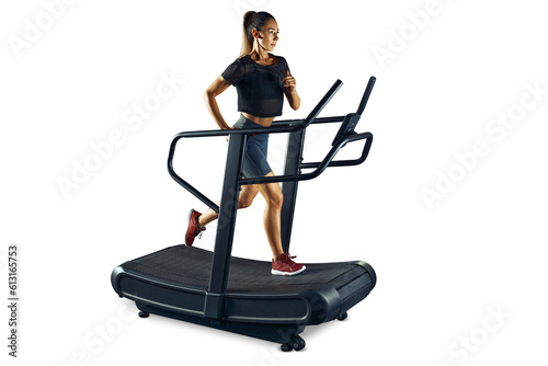 Full length of a fitness sporty woman running on a treadmill PNG transparent photo.