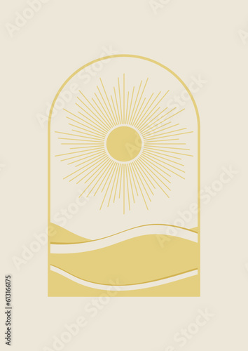 Sunny valley view landscape background illustration poster. Botanical art.