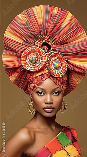 Portrait of an African American woman in a turban with African print. Generative AI
