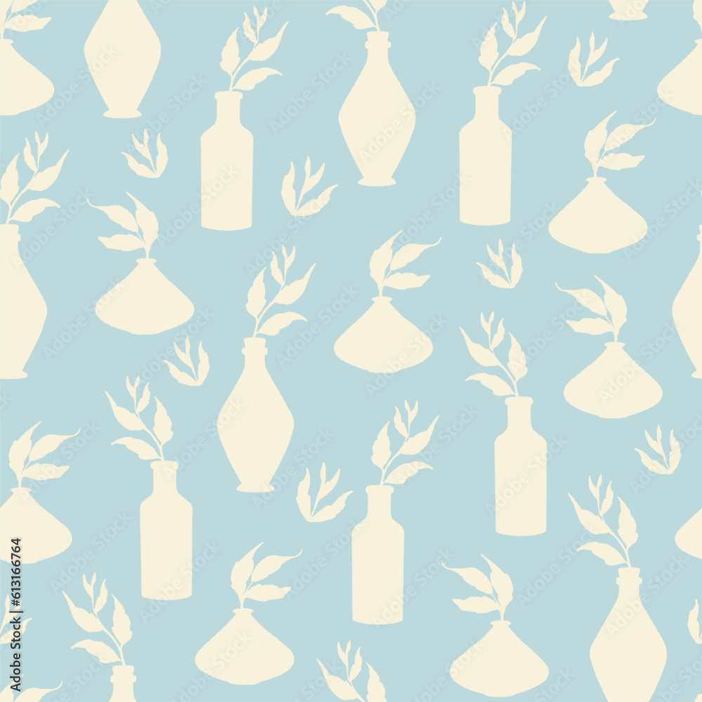 Beige leaves branch in vases seamless pattern vector. Neutral boho art print