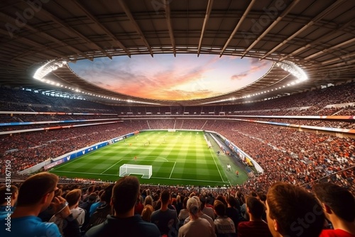 A captivating view inside a soccer stadium with enthusiastic fans, Generative Ai