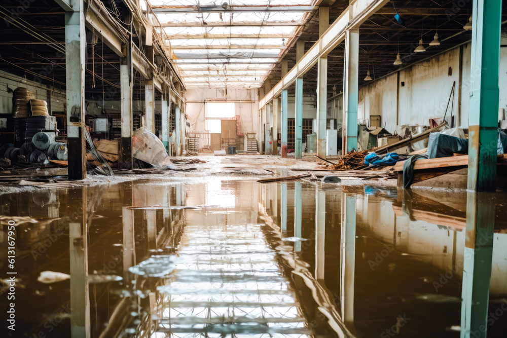 Aftermath of a flood inside a factory, water damaged machinery. Generative AI