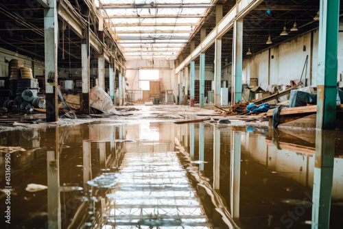 Aftermath of a flood inside a factory, water damaged machinery. Generative AI