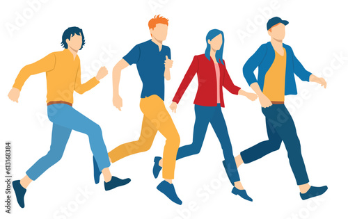  Set of young men and woman running, profile, different colors, cartoon character, group  silhouettes business people, students, the design concept of flat icon, isolated on white background