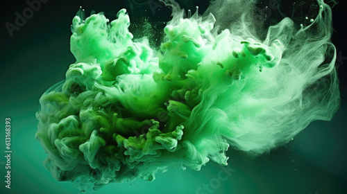 Abstract background with a splash of powder. An explosion of green powder on a dark one. Multicolored cloud. Explosion of multicolored dust. Holi colors.