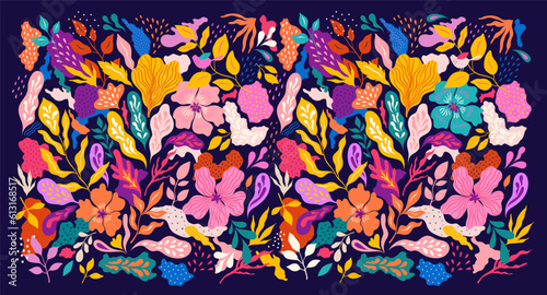 Bright summer design. Vector illustration with flowers and leaves 