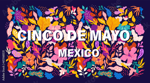 Mexico illustration. Mexican decorative vector pattern. Bright summer design. Vector illustration with flowers and leaves. Cinco de Mayo 