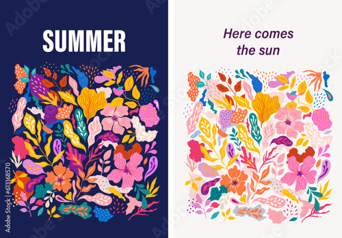 Bright summer design. Vector posters with flowers and leaves 