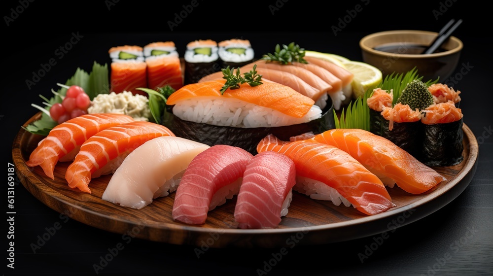  Fresh and delicious salmon sushi on a plate.generated with AI.