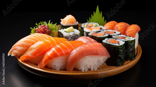  Fresh and delicious salmon sushi on a plate.generated with AI.