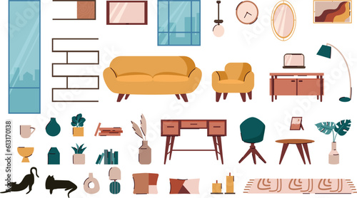 Set of furniture and decorations for living room. Mid century modern style. Flat vector collection isolated on white background.