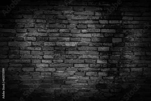 Black brick walls that are not plastered background and texture. The texture of the brick is black. Background of empty brick basement wall. © lllonajalll