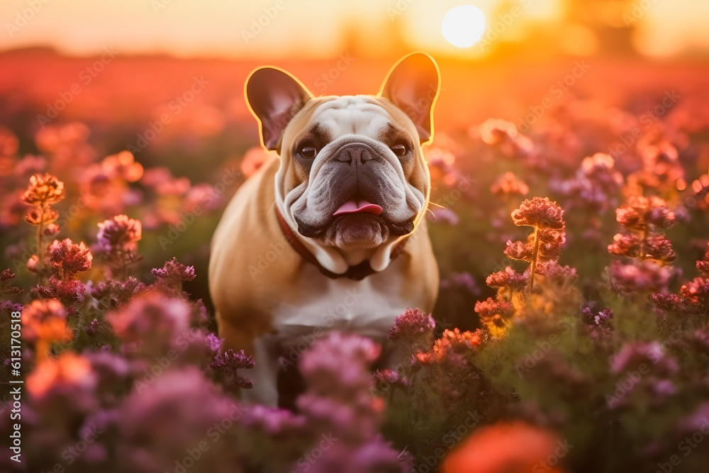 Nature's Beauty: Lovely Bulldog Embraced by Colorful Flowers