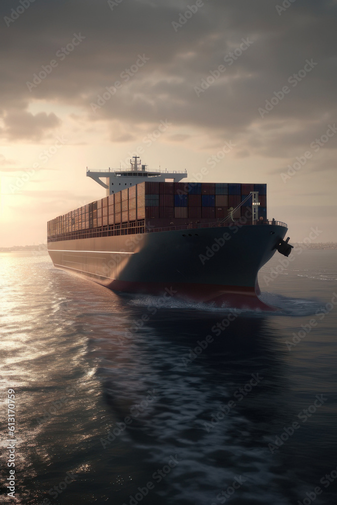 Cargo ship at sea. Vertical illustration. AI generative. Cargo ship at sea. Vertical illustration. AI generative.