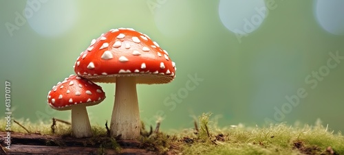 Toadstool, fly agaric, Amanita muscaria on a green blurred forest background. Not edible, deadly poisonous mushrooms. Autumnal card for seasonal greetings. Scarlet or orange cap.. Generative Ai