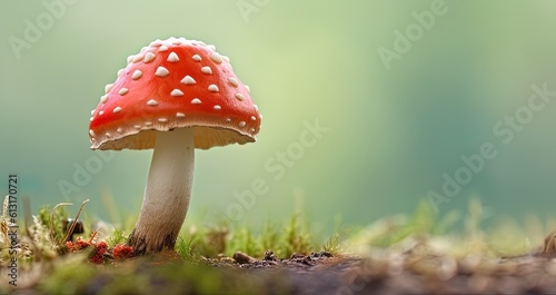 Toadstool, fly agaric, Amanita muscaria on a green blurred forest background. Not edible, deadly poisonous mushrooms. Autumnal card for seasonal greetings. Scarlet or orange cap.. Generative Ai
