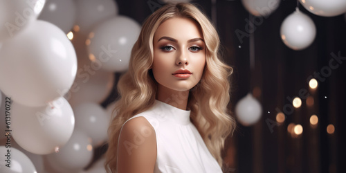Beauty Young Woman with blonde long hair in a party. Generative ai model