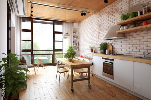 Neatly renovated modern kitchen  with rustic touches and hardwood floors. Generative ai