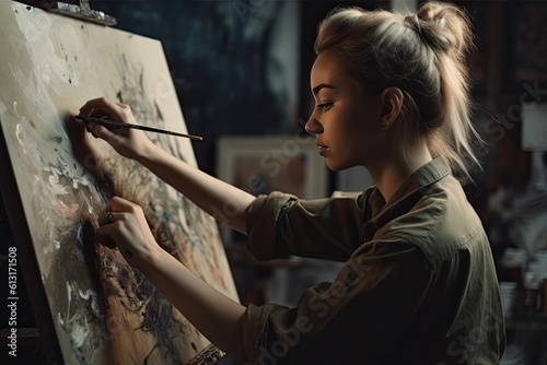 Woman painting on canvas