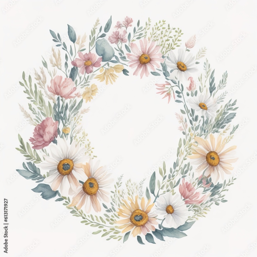 Obraz premium Watercolor floral wreath with white, purple and yellow meadow flowers on white background, AI generated illustration