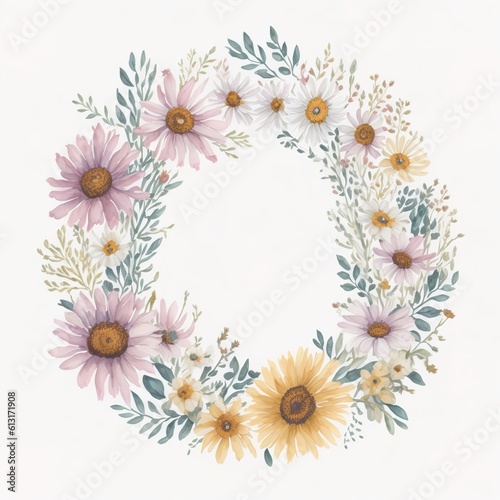 Watercolor floral wreath with white, purple and yellow meadow flowers on white background, AI generated illustration