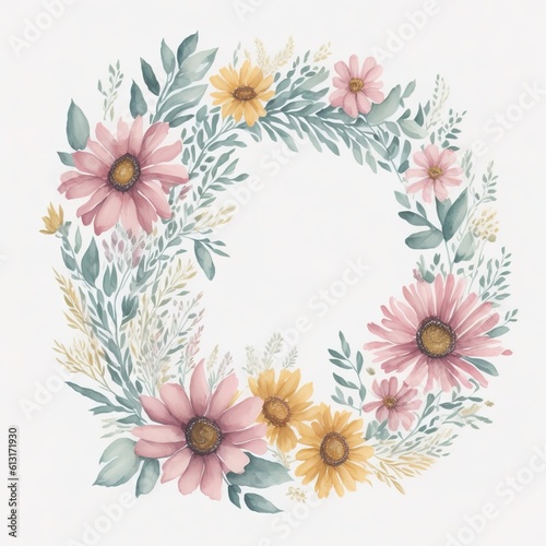 Watercolor floral wreath with white, purple and yellow meadow flowers on white background, AI generated illustration