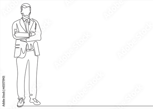 business man in a crossed his arms thinking - continuous line drawing