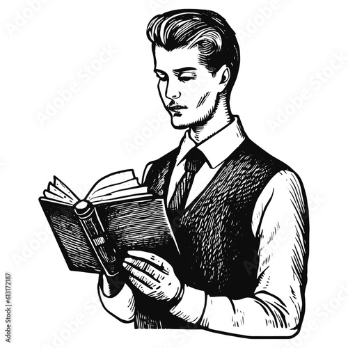 man with a book vintage sketch