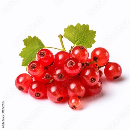 Red currant with green leaves isolated on white background. AI generated.