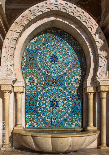 Traditional moroccan fountain with arabic arabesque and pattern, Casablanca mosque, detail