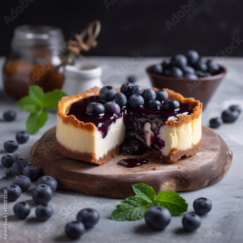 Cheesecake with blueberry and mint. Summer dessert