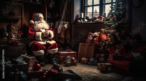 Santa Claus next to the Christmas tree and New Year's gifts. Santa Claus. Christmas Tree. Christmas. Made With Generative AI.