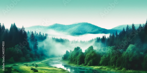 high view.Abstract pine forest or evergreen forest with river stream and landscape mountain in mist.beautiful nature background. ecology and environment.generative ai art