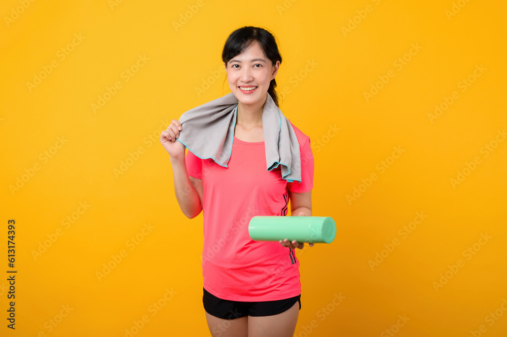 Portrait young asian sports fitness woman happy smile wearing pink sportswear and face towel doing exercise training workout against yellow studio background. wellbeing and healthy lifestyle concept. Portrait young asian sports fitness woman happy smile wearing pink sportswear and face towel doing exercise training workout against yellow studio background. wellbeing and healthy lifestyle concept.