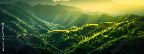 Abstract landscape rice terraces field in colorful.nature agriculture patterns,beautiful greeny hills or valley mountain.generative ai art