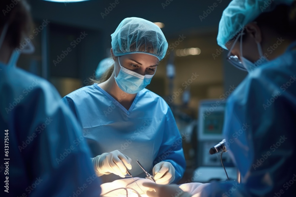 Photo of a female doctor performing surgery in an operating room. Generative AI Photo of a female doctor performing surgery in an operating room. Generative AI