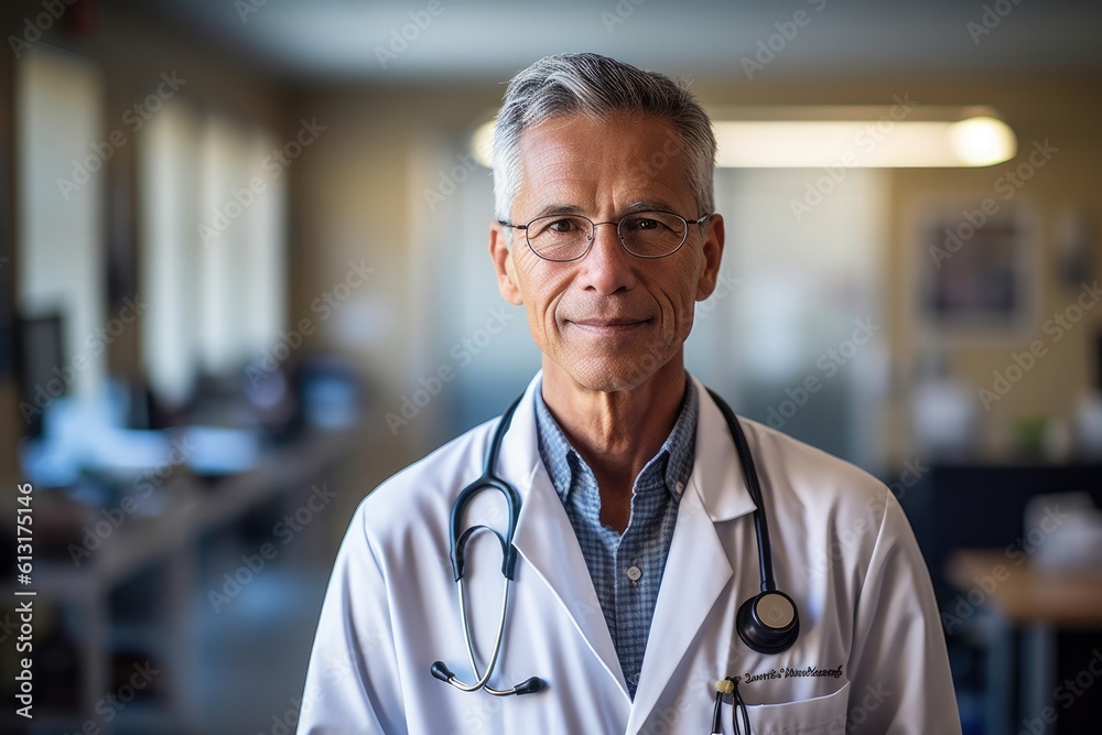 A portrait shot of a male doctor wearing a white lab coat and stethoscope. Generative AI A portrait shot of a male doctor wearing a white lab coat and stethoscope. Generative AI