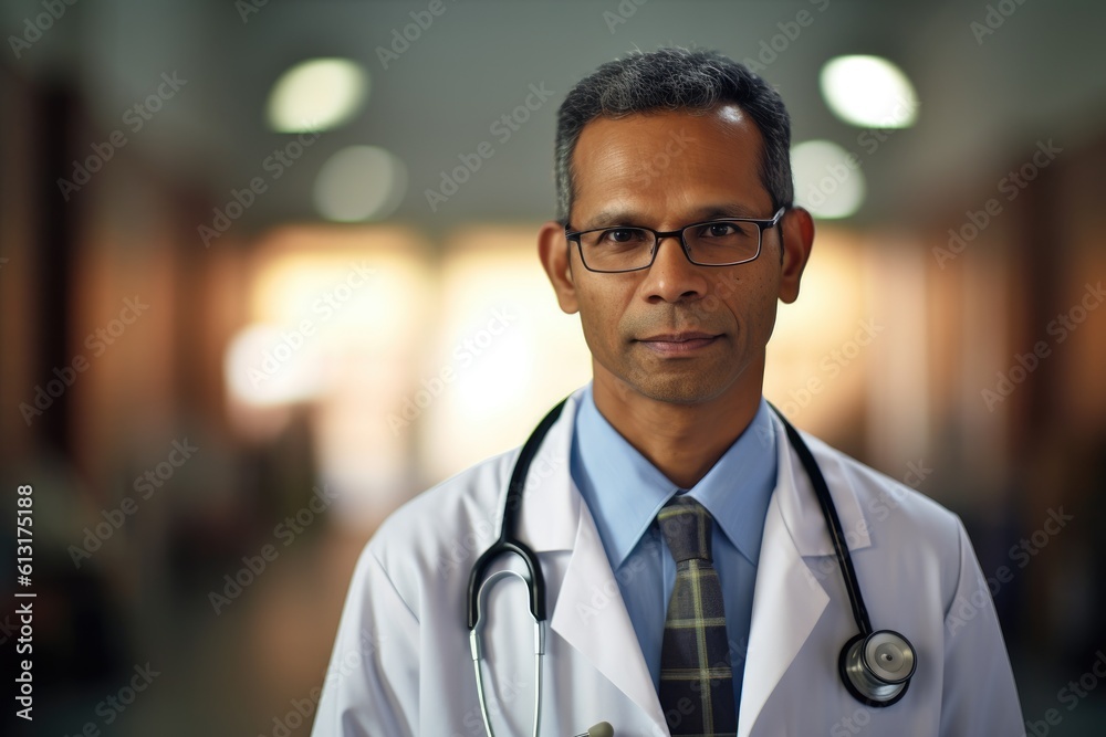A portrait shot of a male doctor wearing a white lab coat and stethoscope. Generative AI A portrait shot of a male doctor wearing a white lab coat and stethoscope. Generative AI